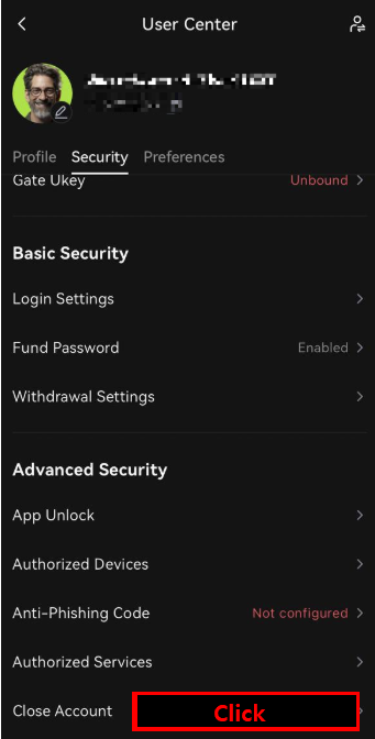 Gate.io User Center - Close Account