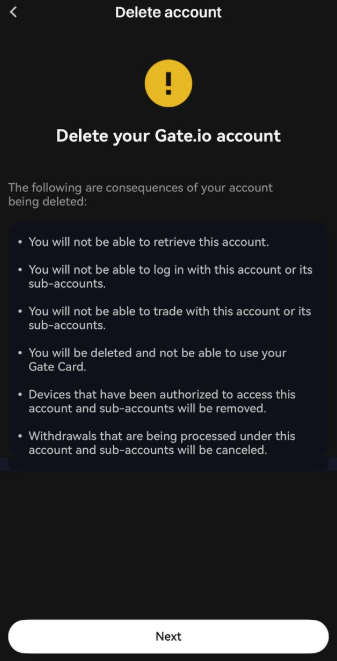 Gate.io Delete your account warning